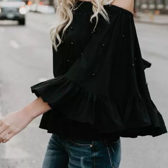 1 Left! Black Off The Shoulders Top w/Black Pearls - Picture 3 of 5
